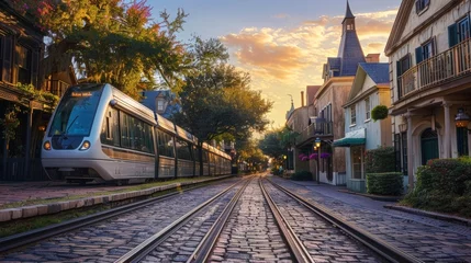Foto op Canvas A quaint cobblestone street lined with charming old homes is intersected by a modern monorail showcasing the coexistence of the past and present. © Justlight