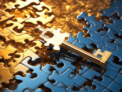 set of gold puzzles with a key. the concept of solving different problems with the help of an idea and the right choice. puzzle solution