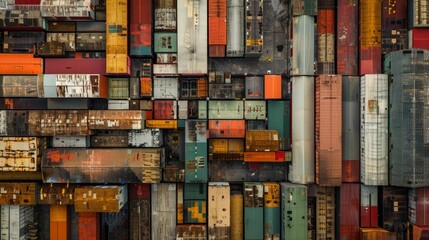 From above the geometric patterns of bustling factories and warehouses create a mesmerizing patchwork of colors and textures. - obrazy, fototapety, plakaty