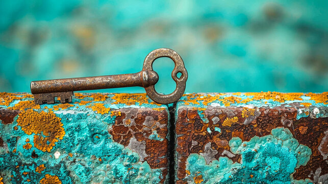 An old rusty key on a cracked stone surface with lichen, symbolizing mystery and discovery