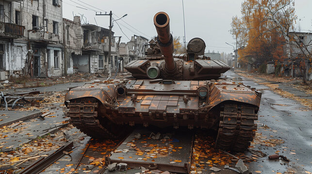 Rusty tank on a street damaged by warfare.
