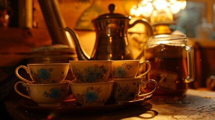 A cozy corner of a cafe with a stack of ceramic chai tea cups, each one emitting the aroma of warm spices, accompanied by a vintage kettle and a jar of honey.