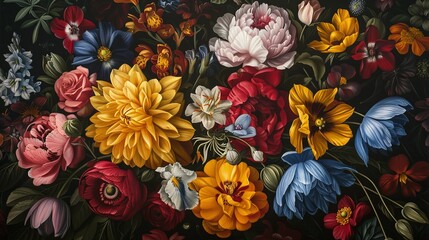 Baroque Style Floral Oil Painting with Diverse Blooms