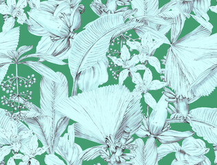 Seamless tropical pattern with exotic monochrome leaves and plants. Tropical wallpaper drawn in pencil - 767576304