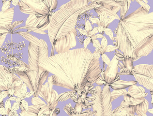 Seamless tropical pattern with exotic monochrome leaves and plants. Tropical wallpaper drawn in pencil - 767576331