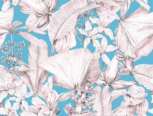 Seamless tropical pattern with exotic monochrome leaves and plants. Tropical wallpaper drawn in pencil