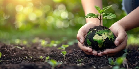 hand holding earth globe with green plant 