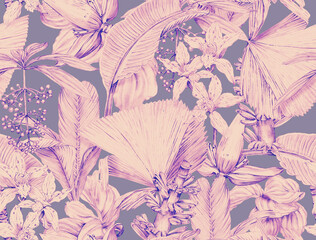 Seamless tropical pattern with exotic monochrome leaves and plants. Tropical wallpaper drawn in pencil - 767576354