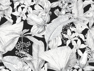Seamless tropical pattern with exotic monochrome leaves and plants. Tropical wallpaper drawn in pencil - 767576370