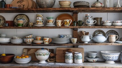 A rustic farmhouse kitchen adorned with shelves filled with an eclectic mix of ceramic cups, plates, and bowls, exuding charm and character.
