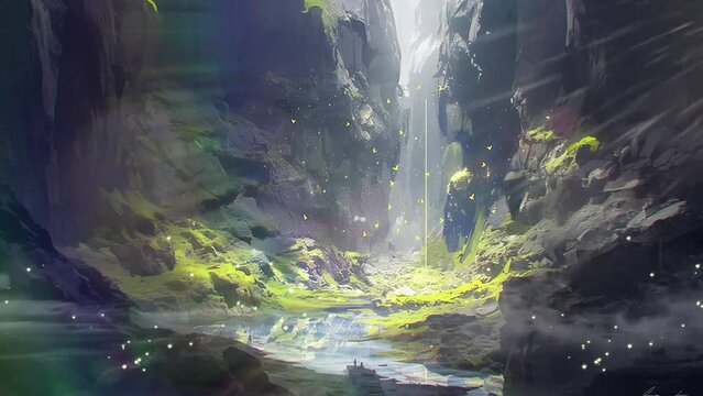 cliffside path butterfly flitting soft aura rugged. seamless looping overlay 4k virtual video animation background
