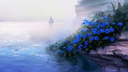 a tranquil seascape with a cluster of vibrant blue flowers growing along a coastal cliff