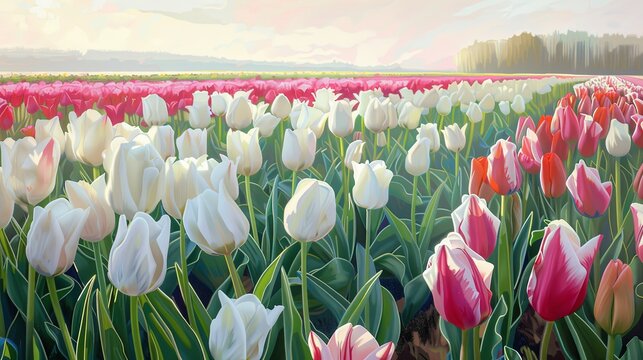 expansive tulip field, with rows of white, pink, and red tulips in full bloom. The flowers should be depicted with thick