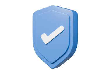 3d Realistic shield security with checkmark icon. Protection, approved, security, guaranteed concept. Minimal blue and white shield verified badge icon isolated on purple background. 3d rendering.