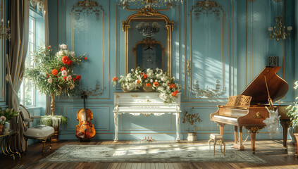 Living room interior design with old style mirror, piano, wooden floor and window. Created with Ai