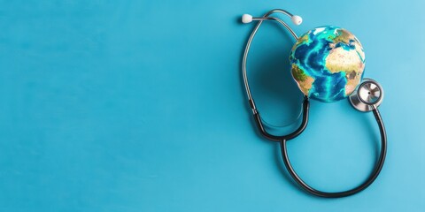 Stethoscope with earth globe top view on blue background copy space