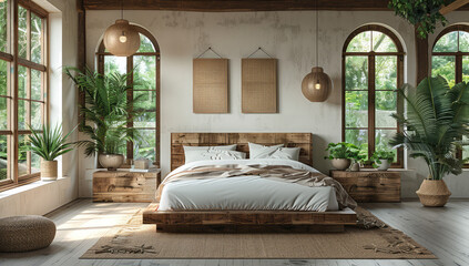 Interior of a bedroom with lights, king size bed, wooden floor, center carpet and plants. Created with Ai