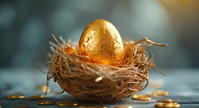 A nest egg that cracks open to reveal a golden egg, showing the fruits of patient investing.