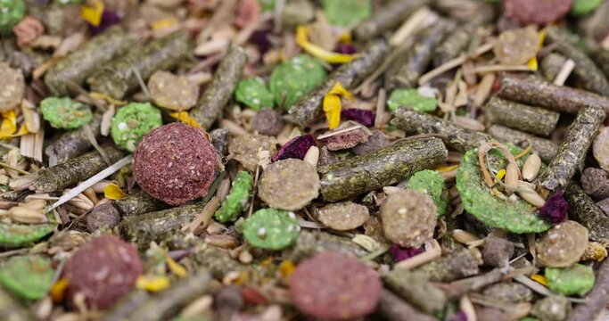 combined feed for rodents from hay, corn, cereals, vegetables, close-up of ingredients mixed for rodents