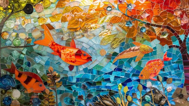 Brightly colored glass panels are used as a canvas for a mosaic of images showcasing different aspects of nature and the environment . AI generation.