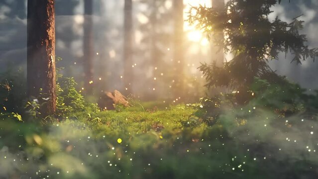 forest floor firefly dancing subtle aura mossy. seamless looping overlay 4k virtual video animation background