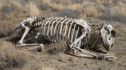 Fototapeta na wymiar The skeleton of a large animal its bones bleached white and tered in the parched grass. It is a sad reminder of the devastating effects of the heatwave on wildlife that were