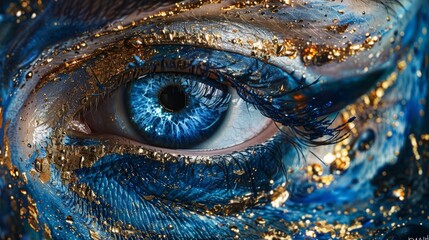 Layers of deep indigo and shimmering gold blend together to depict the human eye as a window to the...