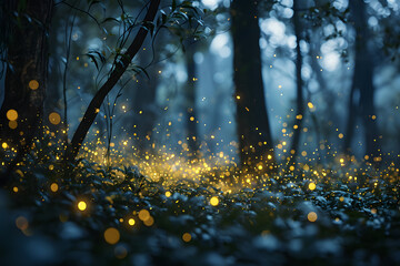 lights of fireflies beetles in the evening forest. fauna and flora in nature - obrazy, fototapety, plakaty