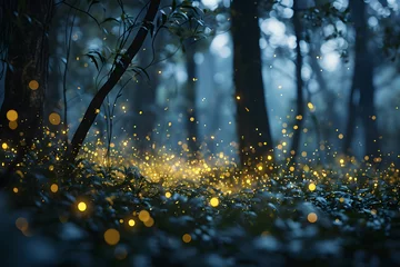 Poster lights of fireflies beetles in the evening forest. fauna and flora in nature © photosaint