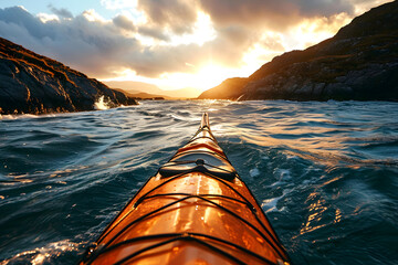 yellow kayak boat floats down the river in the fjords of Norway towards the sunset. view from myself - Powered by Adobe