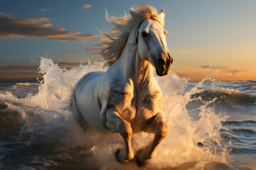 thoroughbred muscular horse running on the water near the shore. mammal. biology and fauna.
