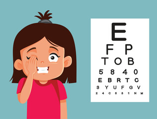Little Girl Covering One Eye taking Vision Test Vector Illustration. Kid having her vision tested in an ophthalmology clinic
