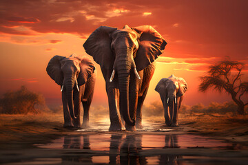 family of African elephants walk along the savanna. mammals and wildlife