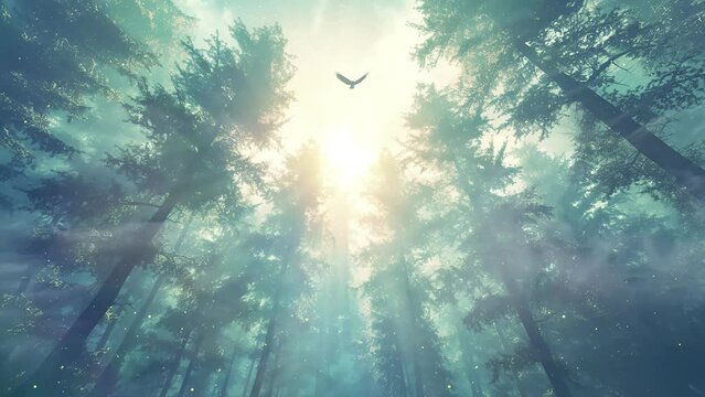 trees with sun rays and flying bird on a forest. treetop canopy bird soaring faint aura lush foliage. seamless looping overlay 4k virtual video animation background