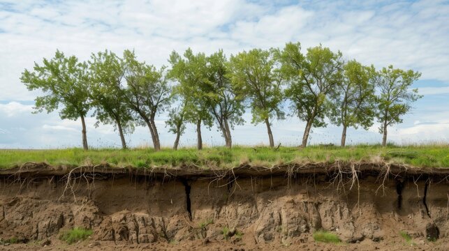 A group of trees standing tall and healthy unaware that their roots are slowly being destabilized by the formation of a sinkhole underground.
