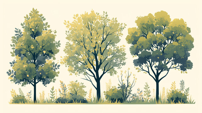 An array of tree species depicted set in landscape scenes, highlighting the beauty and tranquility of nature on white background.
