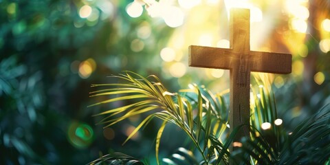overhead view of a religious cross with palm leaves, defocused bokeh - Powered by Adobe