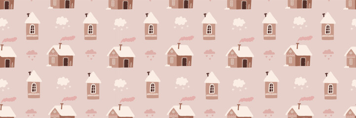 Cute winter Christmas Scandinavian house vector seamless pattern. Whimsy holly Xmas abstract modern hygge festive background. Seasonal winter holidays geometric graphic design