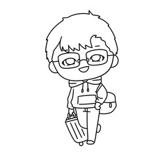 A cartoon boy is walking with a suitcase and a backpack. He is wearing glasses and a hoodie
