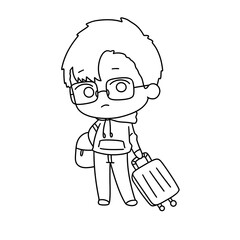A young boy is holding a suitcase and wearing glasses. He looks sad and is looking down. The image is of a cartoon character