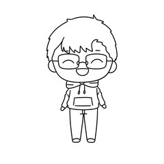 A cartoon boy with glasses and a hoodie is smiling. He is wearing a pair of glasses and a hoodie