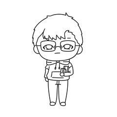 Obraz premium A cartoon boy with glasses and a hoodie is holding a book and a cell phone. He looks like he is about to read the book or use the phone