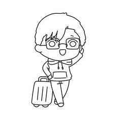 Obraz premium A cartoon character is holding a suitcase and smiling. The image is of a child who is excited about traveling