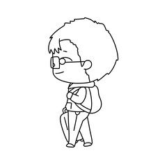 Obraz premium A cartoon character wearing glasses and a backpack is walking down a street. The character appears to be happy and carefree