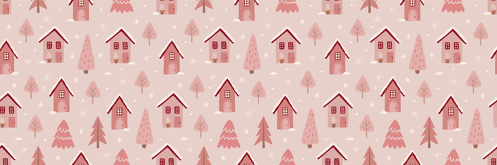 Fototapeta na wymiar Cute decorated Christmas tree forest house party garland vector seamless pattern. Whimsy holly Xmas abstract modern hygge festive background. Seasonal winter holidays geometric graphic design