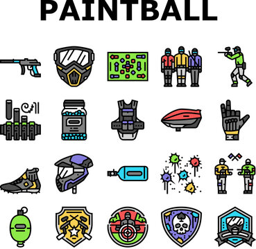 paintball game player team icons set vector. ball paint, target gun, friends fun, splash group, military adrenaline, splatter paintball game player team color line illustrations