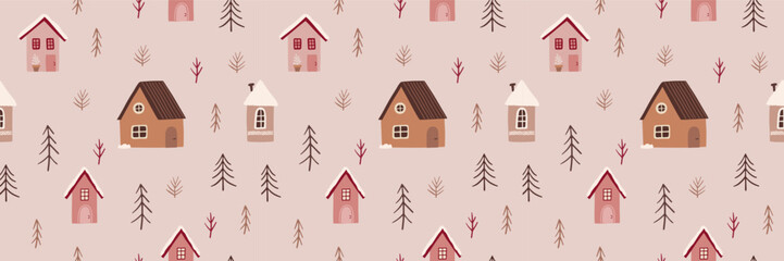 Cute decorated Christmas tree forest house party garland vector seamless pattern. Whimsy holly Xmas abstract modern hygge festive background. Seasonal winter holidays geometric graphic design