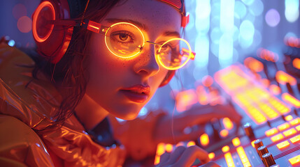 A close-up of a futuristic female DJ wearing neon-lit headphones and glasses, mixing tracks with...