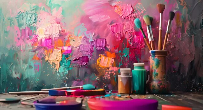 Painter's palette and brushes in front of a vibrant canvas