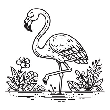 black and white flamingo standing in water clip art preview